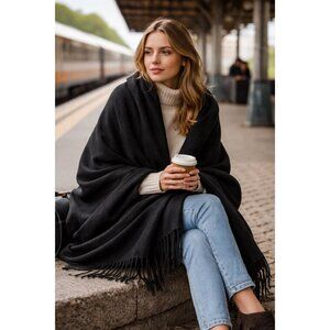 Oversized 85” Made in Italy Cashmere Wool Silk Scarf Black Fringe Wrap Ann taylo